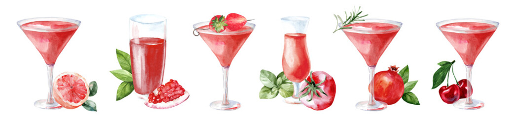 Set of watercolor red cocktails with fruits. Collection of illustrations of alcoholic drinks with pomegranate, tomatoes and berries. Drawing bar and cafe menu