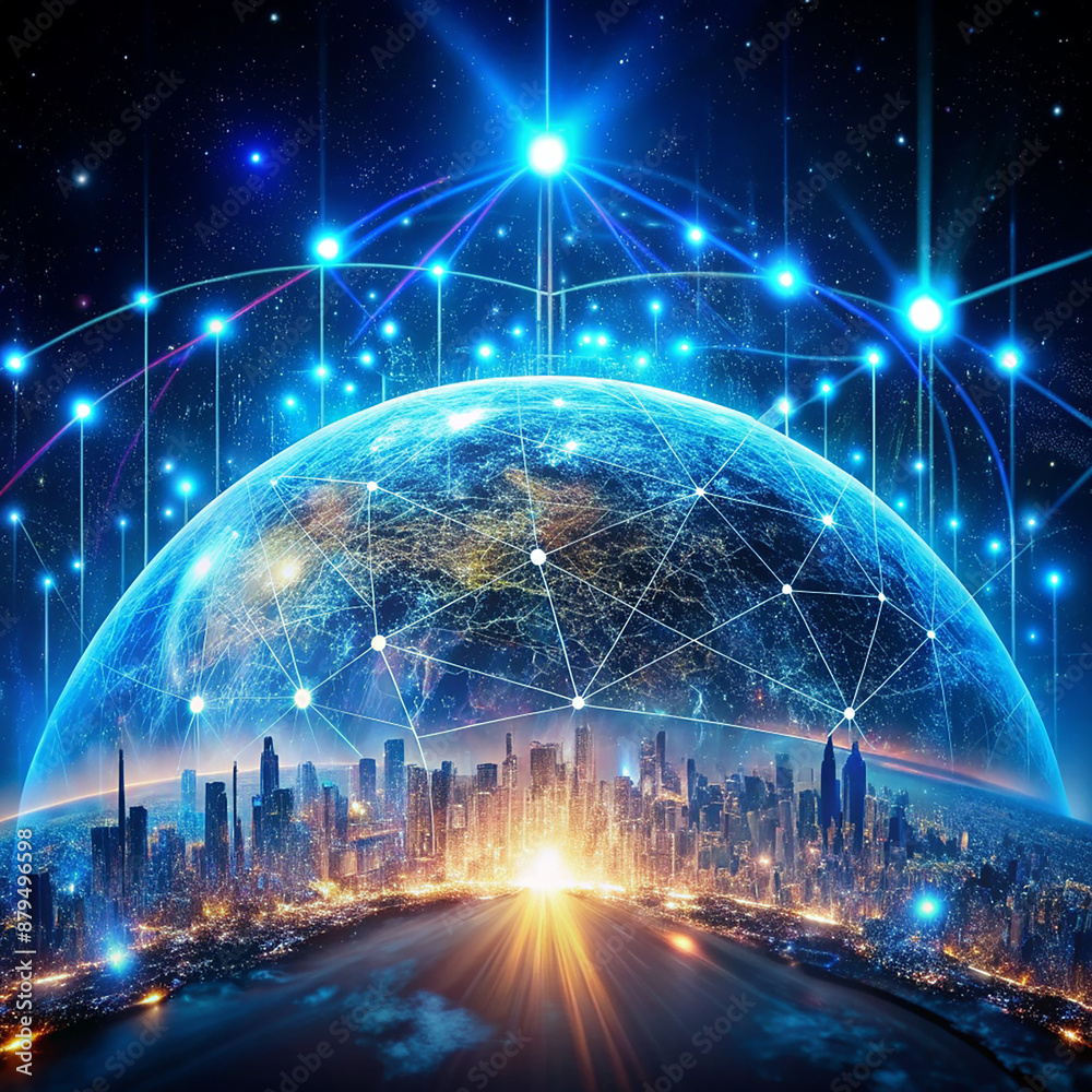 Wall mural global network connection over the road and cityscape, 3d rendering global network connection over t