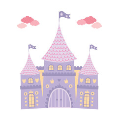 Fototapeta premium Childrens magic princess castle. Fairy castle towers palace with gate. Cartoon vector isolated.