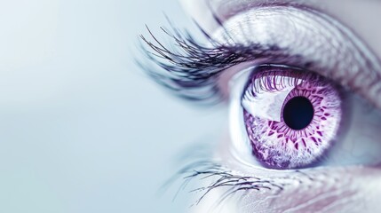 A captivating photograph of an eye with a deep purple iris, designed in a minimalist style with plenty of copy space.