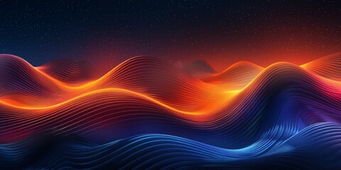 Abstract background with colorful wavy lines, retro poster style, dark blue and orange tones, grainy texture, dark black night sky, gradient colors, smooth curves, wave patterns,