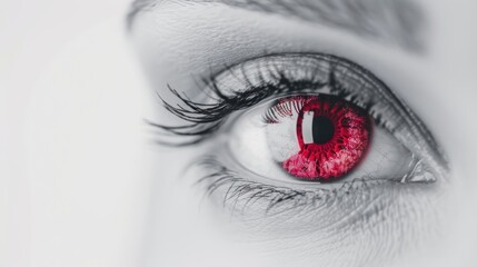 A striking red eye captured in a minimalist style, with abundant copy space surrounding it. The clean design emphasizes the eye's bold color.