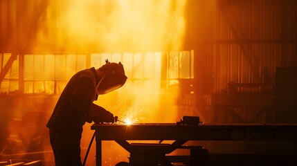 Fototapeta premium Silhouette of a Welder in Protective Gear Working in an Industrial Workshop