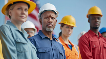wide angle shot of a diverse group of workers in various uniforms, standing proudly in front of an American flag, clear blue sky 