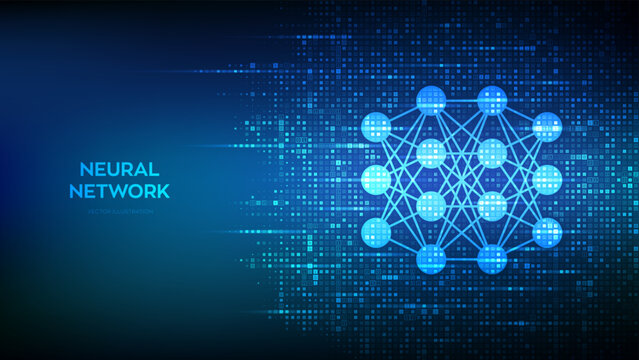 Neural network icon made with binary code. AI. Artificial Intelligence. Machine Learning. Deep learning. Big data analysis technology. Digital code background with digits 1.0. Vector Illustration.