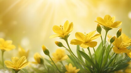 Fototapeta premium Spring or Summer nature background. spring yellow flowers close up on an abstract light backdrop., Mother's Day, children's Day, women's Day, copy space, Abstract nature background