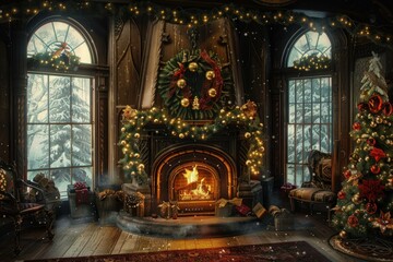 Obraz premium Warm fireplace burning in a cozy room decorated for christmas with snow falling outside