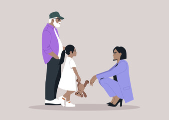 A Moment of Transition, A Young kid Meets Her caregiver, She stands with her grandfather as she prepares to meet her mother, The woman is seated on the floor, looking toward her