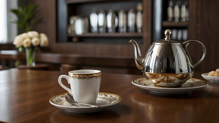 Fototapeta premium cup of coffee and teapot, ai generated