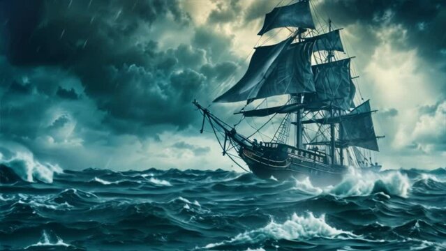 Animation of pirate ship caught in a storm.
