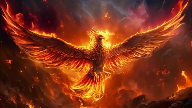 Animation of phoenix bird with flames fire.