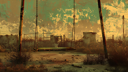 Illustration, old swing on an abandoned playground, Vintage style, elements of retrofuturism, post-apocaliptic atmosphere