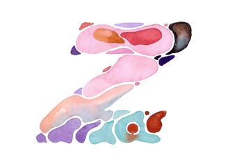 Captivating watercolor letter 'z' featuring a blend of soft pinks, purples, and blues. Perfect for creative projects, invitations, posters, and digital designs. High-quality, hand-painted typography