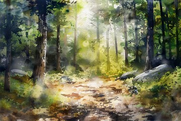 Obraz premium Watercolor-style landscape of mountains and forests, painted nature. Generative AI. Beautiful simple AI generated image in 4K, unique.