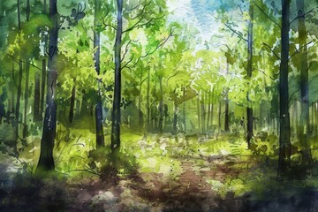 Fototapeta premium Watercolor-style landscape of mountains and forests, painted nature. Generative AI. Beautiful simple AI generated image in 4K, unique.