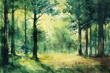Obraz premium Watercolor painting of a winter forest with tall, snow-covered pine trees, copy space banner, vintage background . Beautiful simple AI generated image in 4K, unique.