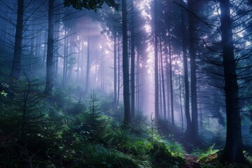 Naklejka premium Watercolor painting of a winter forest with tall, snow-covered pine trees, copy space banner, vintage background . Beautiful simple AI generated image in 4K, unique.