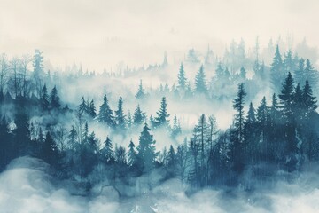 Rideaux Watercolor painting of a winter forest with tall, snow-covered pine trees, copy space banner, vintage background . Beautiful simple AI generated image in 4K, unique.