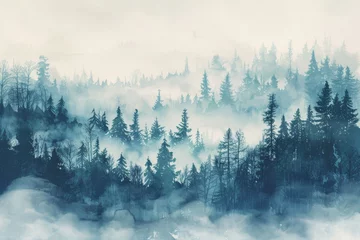 Watercolor painting of a winter forest with tall, snow-covered pine trees, copy space banner, vintage background . Beautiful simple AI generated image in 4K, unique.