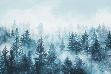 Watercolor painting of a winter forest with tall, snow-covered pine trees, copy space banner, vintage background . Beautiful simple AI generated image in 4K, unique.