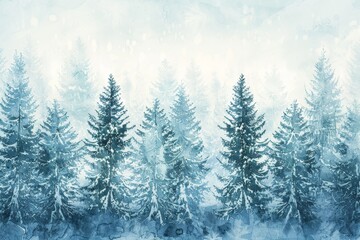 Watercolor painting of a winter forest with tall, snow-covered pine trees, copy space banner, vintage background . Beautiful simple AI generated image in 4K, unique.