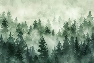 Obraz premium Watercolor painting of a winter forest with tall, snow-covered pine trees, copy space banner, vintage background . Beautiful simple AI generated image in 4K, unique.