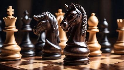 International chess day, a wooden knight chess piece on a chessboard with other chess pieces blurred in the background. The board features alternating dark and light squares with a glossy finish