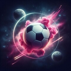 Naklejka premium a photo realistic soccer ball as a planet in space with pink smoke and explosions, with 2 moons in the background, digital art