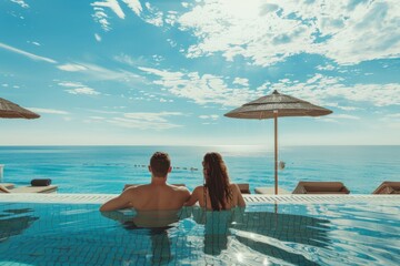 Obraz premium Two people enjoy a serene moment in an infinity pool, with stunning views of the vast ocean and a clear blue sky, symbolizing tranquility and relaxation.