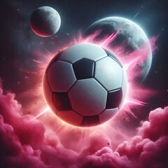 Fototapeta premium a photo realistic soccer ball as a planet in space with pink smoke and explosions, with 2 moons in the background, digital art