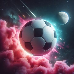 Naklejka premium a photo realistic soccer ball as a planet in space with pink smoke and explosions, with 2 moons in the background, digital art