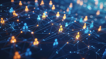 Abstract social network connection concept with glowing people icons on dark blue background, 3D rendering, in the style of photo-realistic.