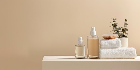 Elegant skincare products on shelf with plant and towels against