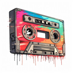 T-shirt pattern design of an old-school cassette tape, vintage, pastel palette, nostalgic. Suitable for t-shirt or sticker ready to print. Retro-Vintage.[A-0002]