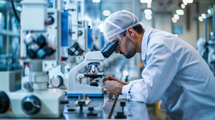 a  of an engineer using a digital microscope to inspect micro-components on the assembly line, ensuring precision and quality, quality control, engineering, productio