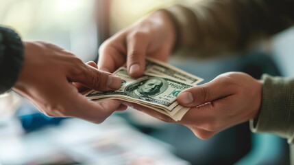 Close-up of hands exchanging a stack of crisp new dollar bills