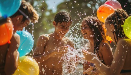 A group of friends enjoy splashing water and tossing balloons on a sunny day outdoors, filled with fun and laughter AIG62 - Powered by Adobe