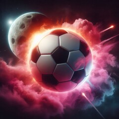 Fototapeta premium a photo realistic soccer ball as a planet in space with pink smoke and explosions, with 2 moons in the background, digital art
