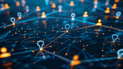 Abstract social network connection concept with glowing people icons on dark blue background, 3D rendering, in the style of photo-realistic.