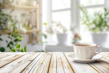 Tea cup on a bright wooden table with a blurry calm environment, Mockup, Relaxing drink