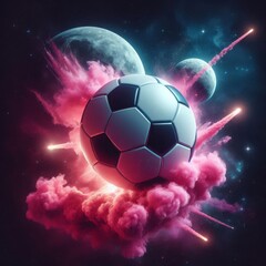 a photo realistic soccer ball as a planet in space with pink smoke and explosions, with 2 moons in the background, digital art
