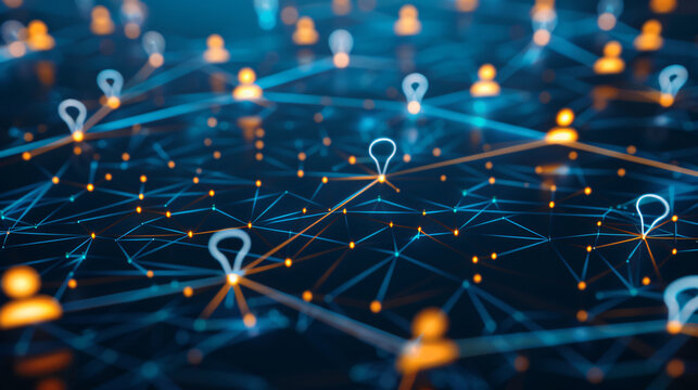 Abstract social network connection concept with glowing people icons on dark blue background, 3D rendering, in the style of photo-realistic.