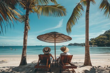 A couple relaxes on wooden lounge chairs under a straw umbrella on a sandy beach, with palm trees and clear blue sky creating a perfect tropical escape.