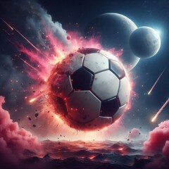 Fototapeta premium a photo realistic soccer ball as a planet in space with pink smoke and explosions, with 2 moons in the background, digital art