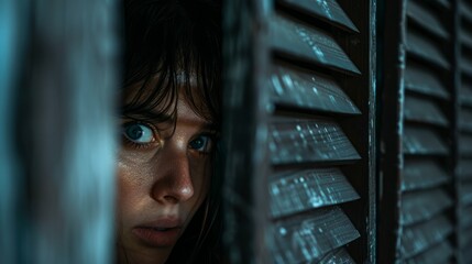 Woman peeking through shutters in low light