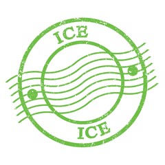 ICE, text written on green  postal stamp.