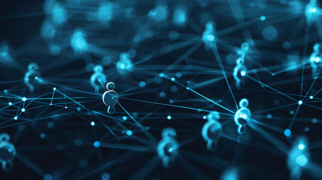 Abstract background in the style of social network concept, blue colors. Big data and technology idea. People connection icons on dark abstract digital backdrop.