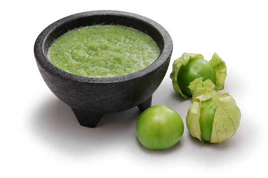 tomatillo salsa verde, Mexican green sauce isolated on white background