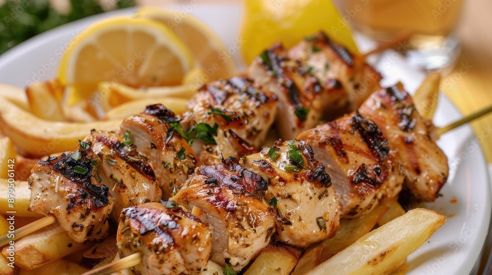 Sticker Grilled chicken souvlaki with fries and lemon in a Greek eatery