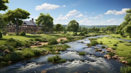 Fototapeta premium A picturesque rural landscape with a flowing river, lush greenery, and a rustic house under a bright blue sky with fluffy clouds.